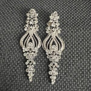 Silver Rhinestone Chandelier Dangle Earrings Statement Bridal 3.25" Glamcore